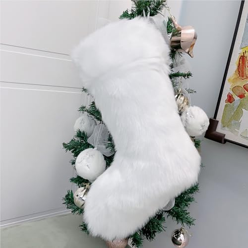 Weihnachtsstrumpf Weihnachten Socken Großer Plüsch Hängender Weihnachtsmann Strumpf Weihnachtsdekoration Weihnachtskamin Hängende Strümpfe Dekorations Strümpfe für Familie Urlaub Party Ornament (Weiß)