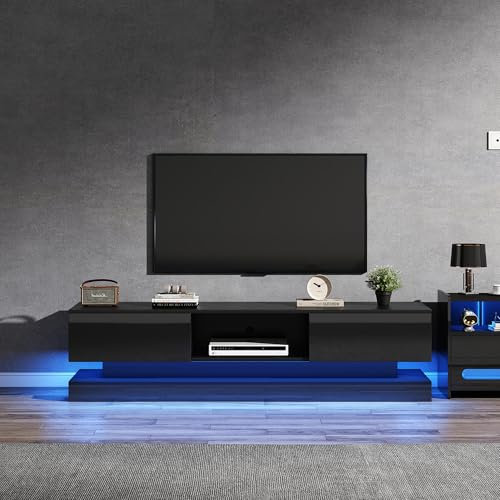 EIFSON Meuble TV Noir Brillant avec Éclairage LED Variable, Meuble Tele avec avec 2 Tiroirs et 1 Compartiment, Armoire de Télévision Moderne, pour Salon ou Chambre, 160x35x40.5 cm