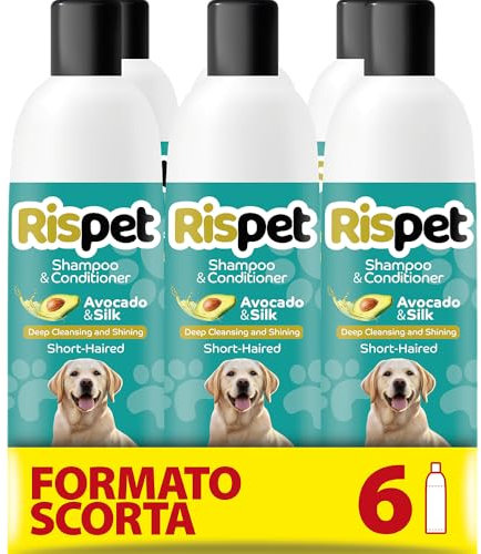 RISPET Shampoo und Spülung, Avocado und Seide, Wasch- und Desinfektionsmittel für Hunde und kurzhaarige Tiere, Zarte Formel ohne Allergene und ausgeglichener pH-Wert, Talkum-Duft, 6x370 ml