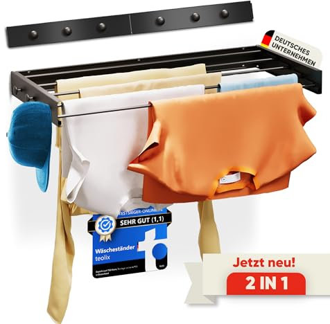 teolix Wäscheständer Wandmontage [2in1 mit extra Kleiderhaken] Ausziehbar und Platzsparend | Wäschetrockner Klein für Wand | Clothes Drying Rack Zeitlos Praktisch - (Schwarz, 100cm)