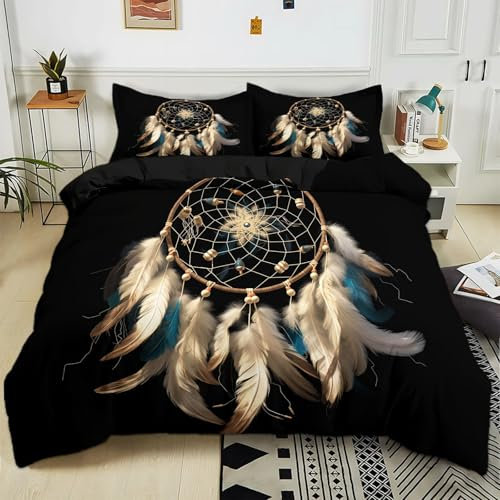 Generisch Bettwäsche 155x220 cm Böhmischer Traumfänger Schwarz 3teilig Bettwäsche-Sets Kinder Mikrofaser Baumwolle, Soft Jungen Mädchen Bettwaren Bettbezug mit 2 Kissenbezug 80x80 cm