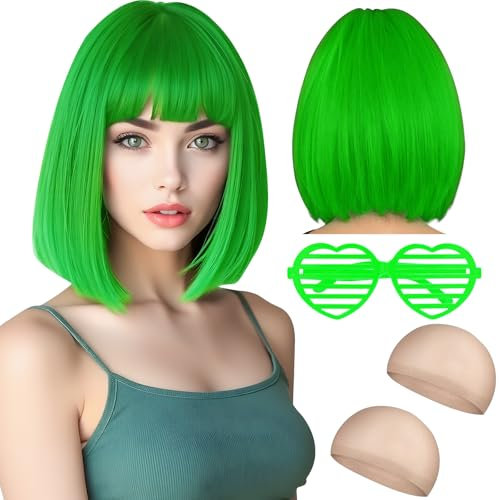 Perücke Grün Damen Fasching Kurz, Grüne Wig Mit Brille und Haarnetz für Perücken, Kurzhaarschnitt Damen und Perücken, Perrücke Frauen 80er Damen, Bob Perücke für Karneval Fasching Cosplay Kostüm