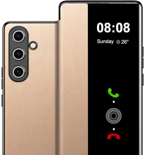 Custodia per Samsung Galaxy S24 FE Custodia S View, Clear View Flip Folio PU Pelle & PC rigido per Samsung S24 FE Custodia, Antigraffio Flip Cover per Samsung Galaxy S24 FE Smartphone (Oro)