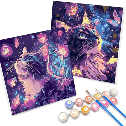 SUNXBUK Peindre avec numéros pour adultes, kit de peinture par numéros pour enfants, débutants, 2 pièces à faire soi-même à l'huile la peinture de chiffres avec pinceaux, animaux, chat et papillon (20