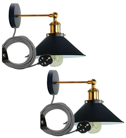 LEDSone 2 Pack Retro Industrial Wall Light Plug-in Metal Cone Shade | Dimmer Switch, Industrial Plug in Wall Lights for Bathroom Hallway Restaurants, Indoor Light Fitting