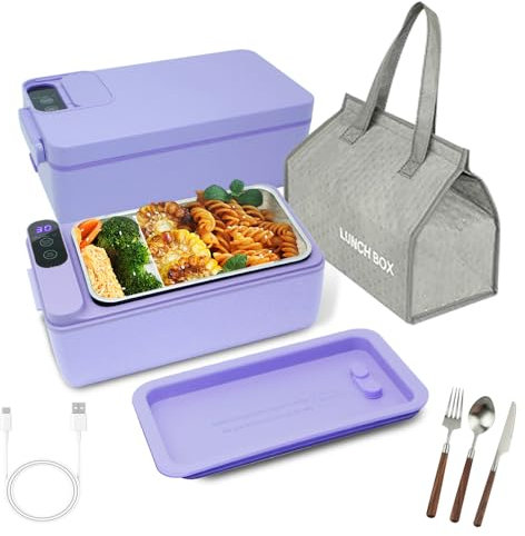 SL Euthtion Cordless Electric Lunch Box, Battery Powered Heated Lunch Box，Food Heate 1L Adjustable Heating time Comes with Tableware and Insulated Bag Used for Trucks, Camping, Offices