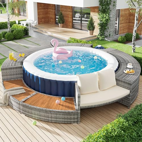 Lexiou Garten-Lounge-Set mit runder Couch, Gartenmöbel-Set, Poolumrandung, Lounge-Set, für Whirlpool und Pool, mit verstellbaren Füßen, inklusive Kissen, Möbel für Terrasse, Garten oder Poolbereich
