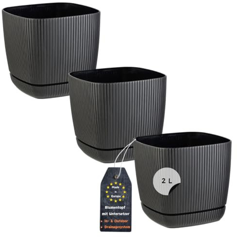 Engelland - 3 x Blumentopf mit Drainagesystem, Untersetzer, Farbe: Schwarz, Rillenoptik, Pflanz-Topf, Kübel, modern, Kunststoff, quadratisch, 15 x 15 cm, 2 Liter