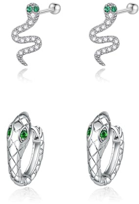 HinDaLi 2 Paar Schlangen Ohrringe Silber 925 für Mädchen Herren Damen Ohrringe Creolen Schlange Silber Ohrstecker Damen Zirkonia Ohrstecker Schlange Helix Kleine Knorpel Schlangenohrringe Stecker