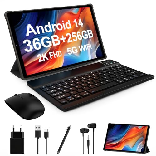 LEVIRTU Android 14 Tablet 10,3 Pollici, Octa-Core 2.0 GHz, 2K FHD, 2.4G+5G WiFi, 36GB RAM+256GB ROM (2TB TF), 8000mAh, 13MP+8MP, GPS, Bluetooth 5.0, Face ID, Tablet con Tastiera, Mouse (Nero)