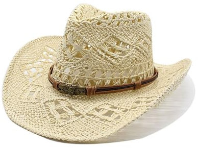 Chapeau de cowboy/cowgirl en paille cowboy panama avec bande occidentale/ouest unisexe taille unique homme femme été coachella plage style coachella brésilien Bohême Indiana Raphia naturel Chic