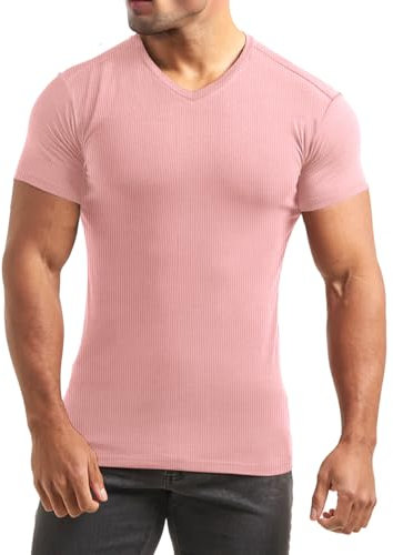 Lehmanlin Lot de 3/5 T-Shirts Sport pour Hommes-Col en V T-Shirt à Manches Courtes Fitness Séchage Rapide Respirant Running Gym Baselayer Haut (Rose-S)