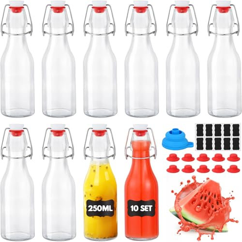 YAMAIDUO Lot de 10 Bouteille Verre 250ml, Bouteille en Verre avec Bouchon Mécanique avec 10 sceaux, 10 étiquettes, entonnoir pour le Brassage de Bière, Liqueurs, Huile, Jus, Condiments