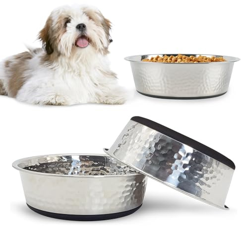 kathson 3PCS Stainless Steel Dog Bowls with Rubber Bottom,Non Slip Cat Bowls Hammered Metal Pet Food and Water Dishes for Kitten Puppy and Small Sized Animals,Dishwasher Safe (5.5in)