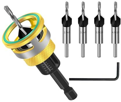 6 tlg Kegelsenker Bohrer Set, Bohrsenker mit Tiefenanschlag, Senker Holzbohrer mit 1/4 Hex Schaft, Senkbohrer Holz, Bohrer mit Senker, Präzise Bohrungen für Holzverarbeitung (A)