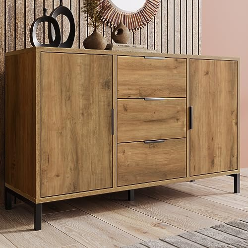 Hommdiy Kommode mit 2 Türen und 3 Schubladen, 120 x 40 x 76 cm in Dunkle Eiche, Verstellbare Ablage, Sideboard Highboard für Schlafzimmer & alle Wohnräume