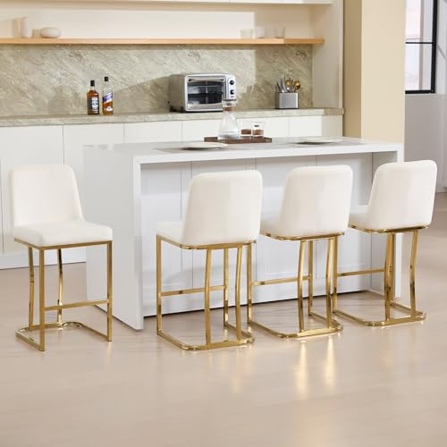 Chummaven Samt Gold Barhocker 4er Set Tresenhocker mit Lehne, Creme | gepolstert, mit Metallgestell, Fußstütze, ohne Armlehnen, modernes Design, Luxus Küchenhocker für Kücheninsel, Hausbar