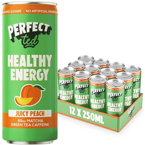PerfectTed Pêche Juteuse Boisson Énergisante Saine, 12 Canettes de 250 ml | Caféine de Thé Vert (80 mg) & L-Théanine Entièrement Naturelles | Faible en Calories (43 kcal) | Végane | sans gluten