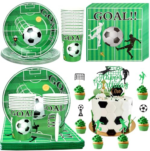 65 Stück Fussball Partygeschirr für 16 Gäste,Fußball Deko Geburtstag Kinder, 13 × Kuchen Deko + 20 Fußball Servietten + Pappteller Kindergeburtstag + Becher für Kindergeburtstagsdeko Party Deko Junge