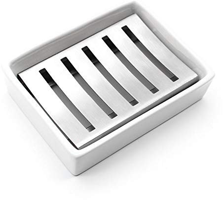 Soap Dish Holder, YOCZOX Stainless Steel Soap Holder with Ceramic Seat Silicone Anti-Slip Pads Nordic Style Soap Tray for Bathroom Shower Kitchen Organized, Double Layer Draining, Silver (B)