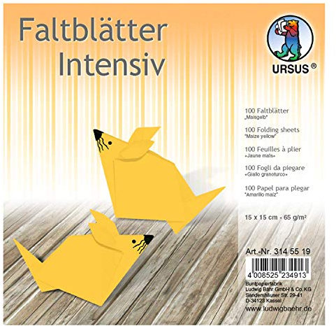 Ursus 3145519 - Faltblätter Uni intensiv, maisgelb, ca. 15 x 15 cm, 65 g/qm, 100 Blatt, aus Plakatpapier, durchgefärbt, für kleine und große Origami Künstler, ideal für vielseitige Bastelarbeiten