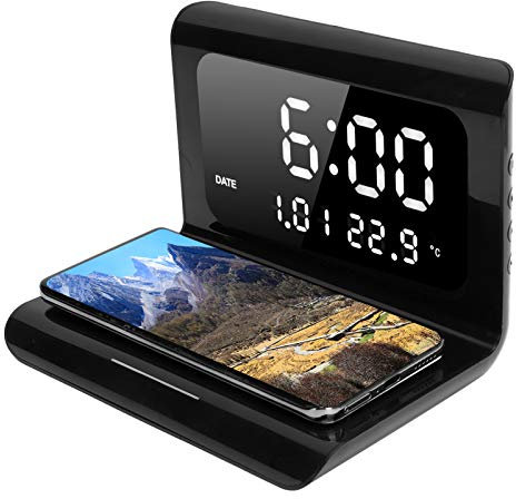 Clock Wireless Charger, MultiFunctional Digital Alarm Clock with Qi Wireless Charging Electronic Calendar Phone Wireless Automatic Matching Charger(black)