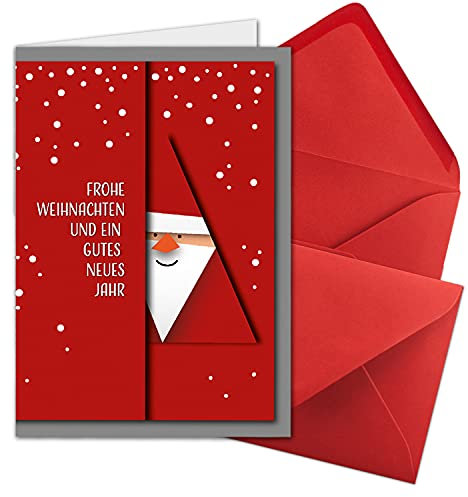NEUSER PAPIER 10x Weihnachtskarten-Set DIN A6 mit rotem Weihnachtsmann Motiv - Faltkarten mit Umschlägen DIN C6 in Rot mit Nassklebung - Weihnachtsgrüße für Firmen und Privat