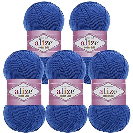 5 x 100g Strickgarn Alize Cotton Gold Uni Klassikgarn Häkelgarn Strick-Wolle Farbwahl, Farbe:141 königsblau