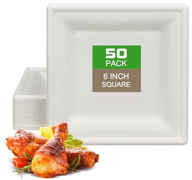 CVIUYO 6 inch 50 Pack Disposable Paper Plates, 100% Biodegradable Heavy Duty Square Paper Plates, Eco-Friendly Compostable Sugarcane Dinner Plates for Picnic Wedding Party BBQ Christmas