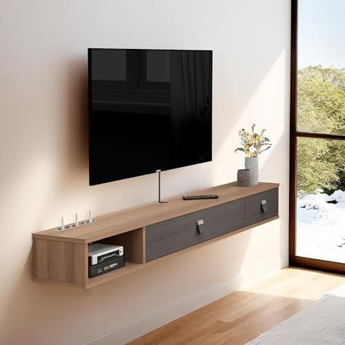 Pmnianhua Floating TV Unit, 55'' Wall Mounted TV Cabinet, Floating Shelves with 2 Doors, Modern Entertainment Media Console Center Large Storage TV Bench for Living Room & Office (140cm, Dark Brown)