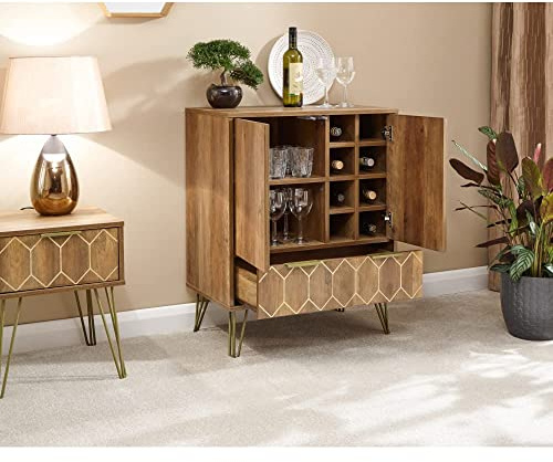 GFW Orleans Wine Cabinet with Bottle Storage & Glass Shelves, Mango Effect Drinks Cabinet with Hairpin Legs