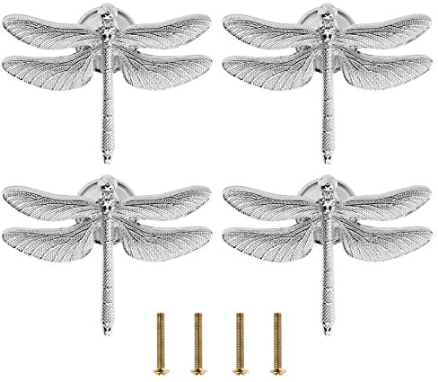 Be In Your Mind 4 STÜCKE Libelle Knöpfe Griffe Einzigartige Libelle Form Dekorative Griffe mit Befestigungsschrauben Möbelbeschläge Zubehör für Schrank Kleiderschrank Schubladenkommode Silber