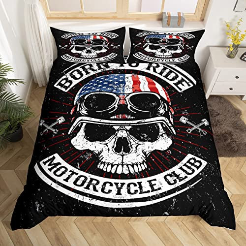 Juego de ropa de cama para motociclistas y niños y niñas, juego de funda de edredón con diseño de calavera retro para motociclistas, funda de edredón para dormitorio, deportes extremos, tamaño indivi