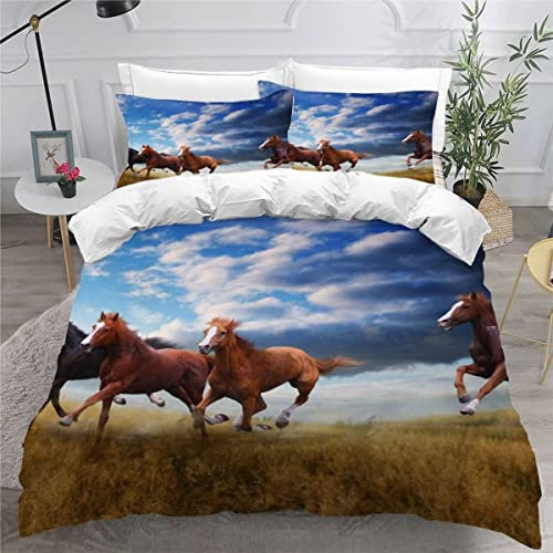 DEEMOL Teenager Mädchen Jungen Bettwäsche 155x220 cm Mustang Bettwäsche Set für Einzelbett Hochwertiges Mikrofaser Blauer Himmel Bettbezug mit Kissenbezug 80 x80 cm