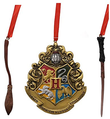 Selezione Varzi Dal 1956 Addobbo Albero Di Natale Harry Potter Set da 3 In Resina Bacchetta Crest E Scopa
