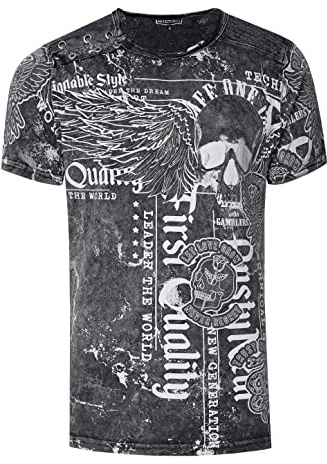 Herren T-Shirt Verwaschen mit Plakativem Print 'Flying-Skull' Stretch-Shirt Streetwear-Finest mit Seitlicher-Knopfleiste 296, Farbe:Schwarz, Größe S-3XL:XXL