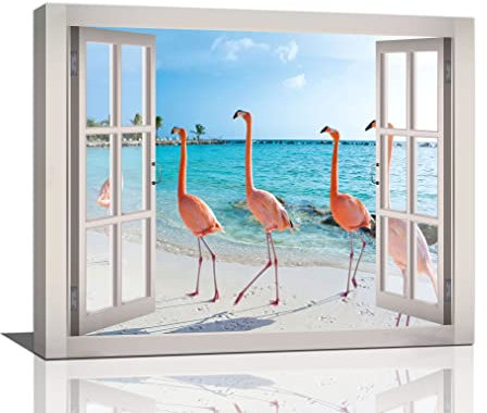 Flamingo Strand Badezimmer Wandkunst Tropische Palme Küste Ozean Bilder Wanddekoration Rosa Flamingo 3D Fenster Leinwand Drucke Gerahmte Moderne Tiere Gemälde Kunstwerk für Badezimmer Wohnzimmer Büro