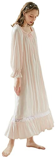 aromm Femmes Coton Victorien Robe de Nuit Garniture en Dentelle Manche Longue Extensible Pyjama Rose, L