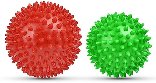 URAQT Faszienball, 2er Set Kleine Igelball Hart, Faszien Massageball mit Noppen, Massagebälle zur Behandlung Von Muskelverspannungen, Igelbälle Massage Ball für Füße Rücken Nacken Hände (Grün+Rot)
