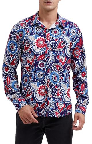 HISDERN Men Shirts Silk Paisley Dress Shirt Regular Fit Floral Shirt Long Sleeve Button Down for Wedding Party Disco Prom