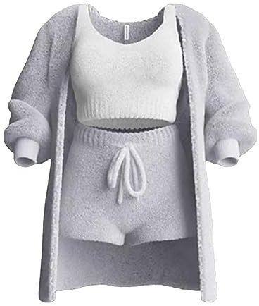 The Cozy Knit Set, 3 Piece Set-Cozy Knit Sets Crop Top, Shorts & Long Coat (Grau, M)