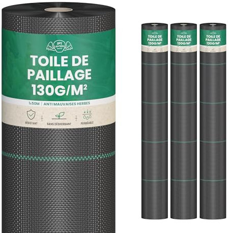 150m2 de Toile de Paillage Anti-Mauvaise Herbe 130g/m² très épais - Lot de 3 Rouleaux Geotextile Anti Repousse Gravier 50mx1 (3x50m2 = 150m2) pour Terrasses et Allées - Bache Anti Mauvaise Herbe