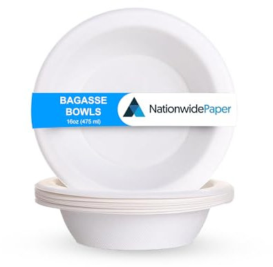 Nationwide Paper Bagasse Bowl 16oz 100Pcs White Disposable Bagasse Sugarcane Bowl, Serving Bowl for Hot and Cold Food (475ml)