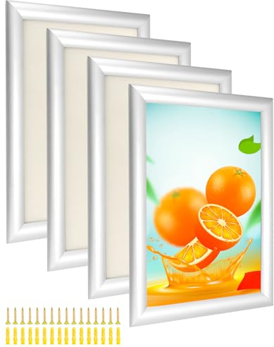 QWORK 4 Pack A4 Aluminum Snap Frame, Front-Loading Wall Mount Picture Frame Poster Holder with Mitred Corners, 1 Profile Anodised Aluminium, for Picture, Document or Certificate, Silver