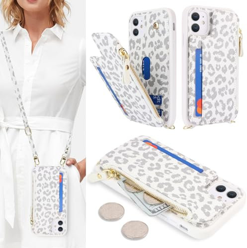SailorTech Coque pour iPhone 11 Étui avec Porte-Cartes de crédit, Etui pour iPhone 11 Housse avec Courroie de Cou Portefeuille avec Fentes pour Cartes de crédit-Léopard Blanc