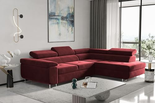 Kaiser Möbel, Ecksofa mit schlaffunktion, mit Bettkasten, Schlafsofa Atom Lux, Designer Sofa, Modern Design Couch, Polsterecke, Freistehend, Stoff Monolith Klasse A, Rot Rechts