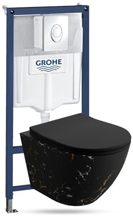 Lavita Vorwandelement Solido Start + Wand Hänge WC Sofi Slim Fire Schwarz Spülrandlos + WC Sitz mit Absenkautomatik Verchromter Knopf Komplettset Unterputz Spülkasten Toilette Komplett Sett WC