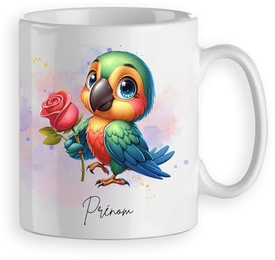 Mug tasse perroquet mignon avec rose rouge personnalisable prénom cadeau original