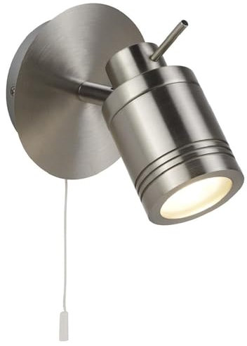 Britalia Satin Silver Chrome Bathroom 1 Lamp Adjustable Switched Spot Light | 10cm Wide | IP44 Rating | Cylindrical Head | 1 x GU10 Lamp Required | 240V UK | Stainless Steel | Pull Cord Switch