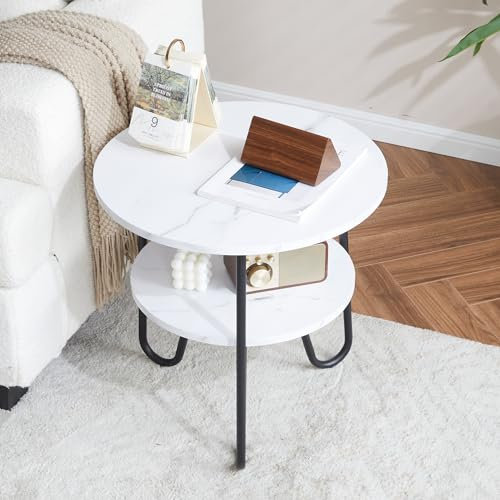 Mingone Beistelltisch Rund Couchtisch Holz mit 2 Etagen Marmor Wohnzimmertisch Stylischer Sofatisch Runder Tisch Kleine Weiß(50cm)